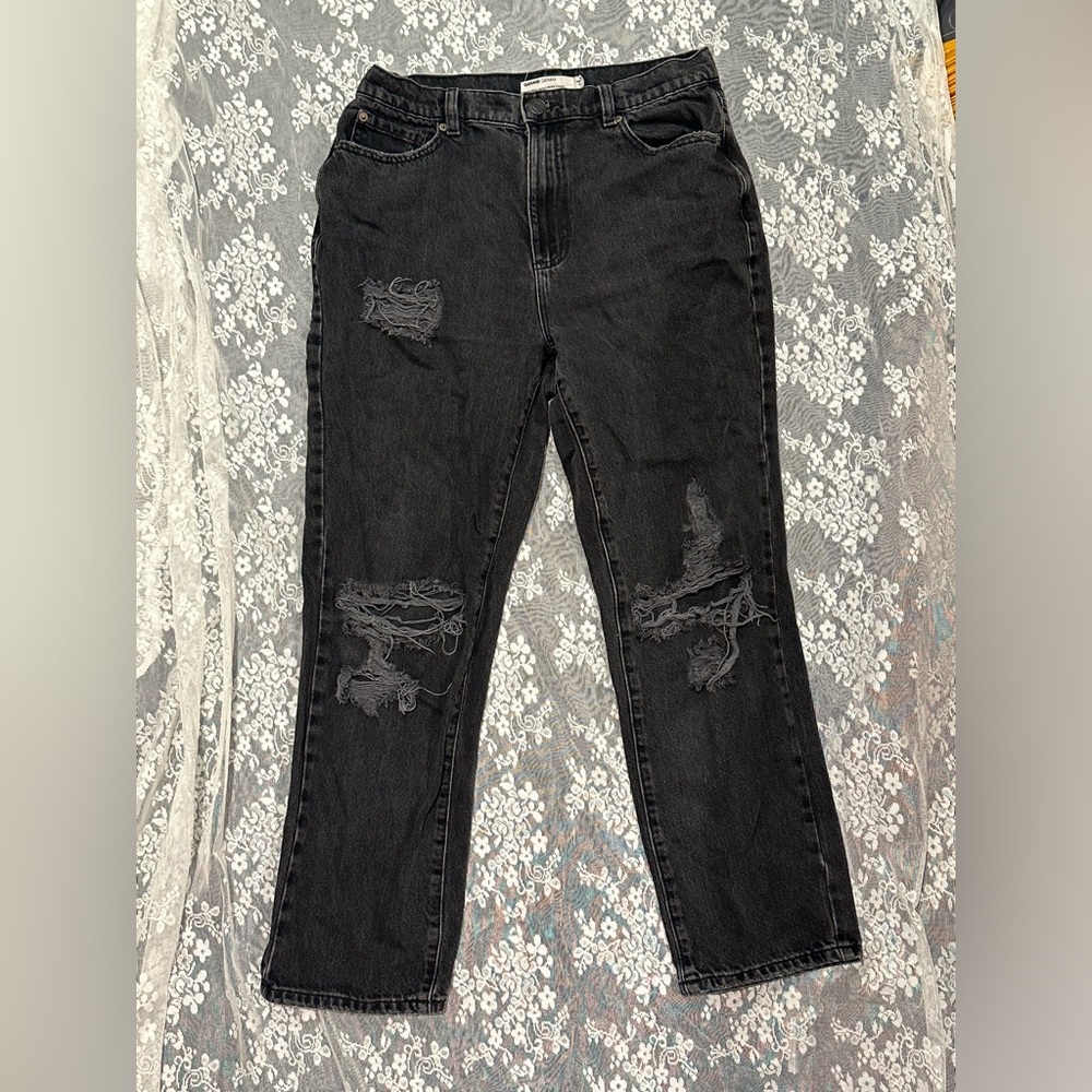 Distressed Mid Waist Straight Leg Jeans